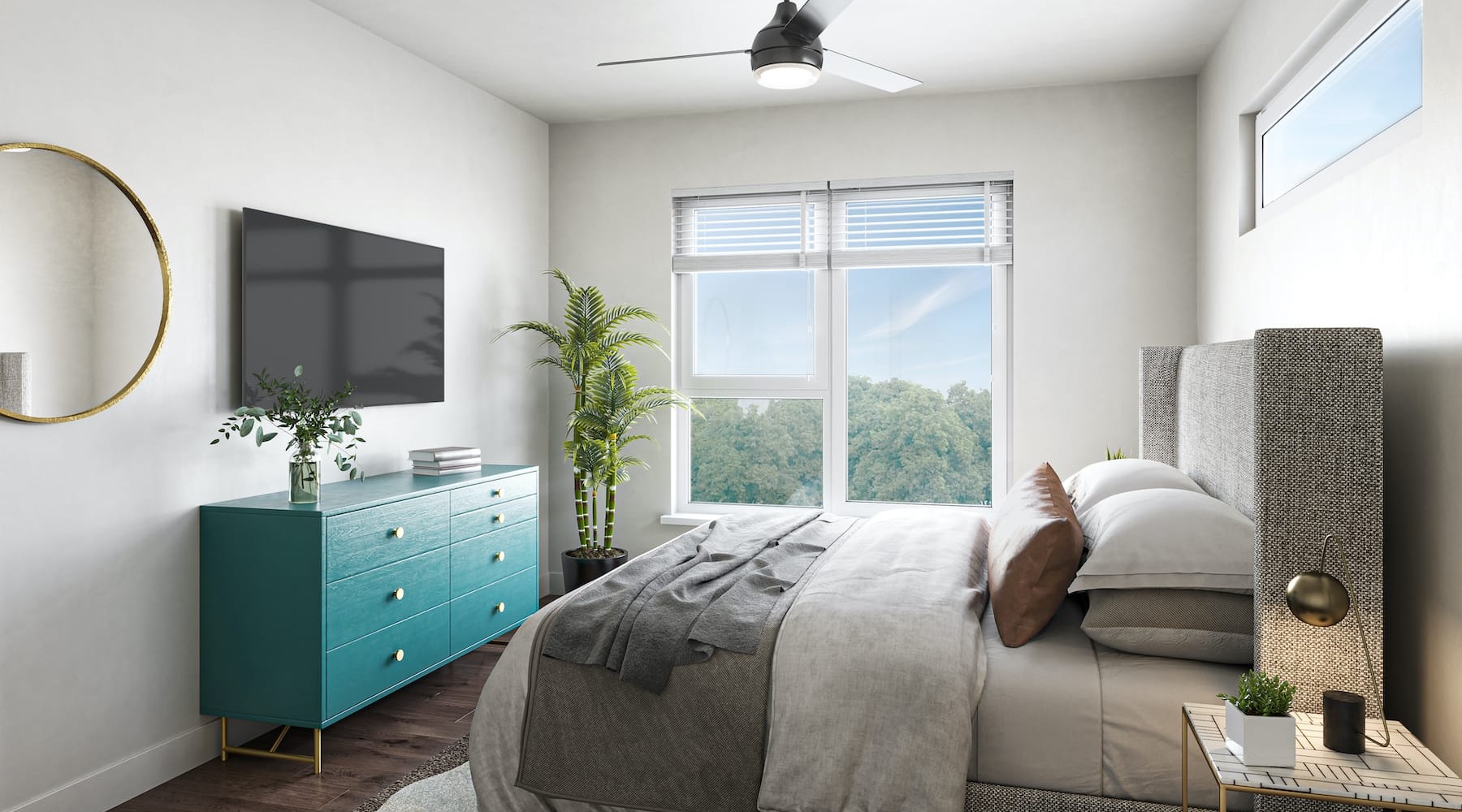 Introducing Abacus West bedroom with bright, natural lighting from a large window, and ample space for bed and a wall-table
